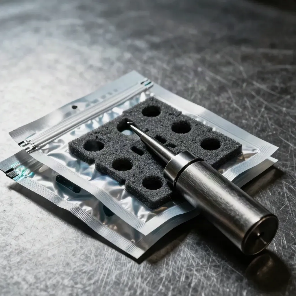 Anti-static pouches, foam separators, and a seal dispenser compressed on brushed metal in extreme macro.