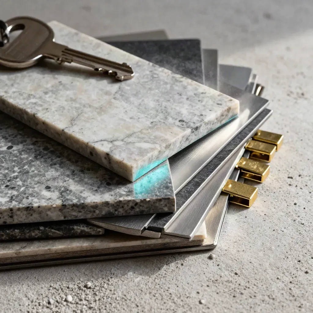 Architectural material swatches fanned on concrete with brass clips and cyan edge light.