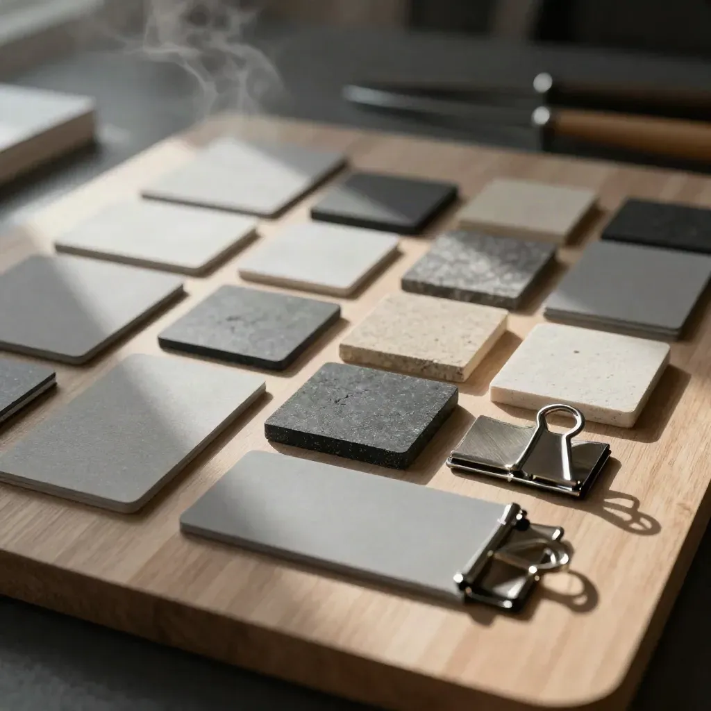 Grey calibration cards, matte blocks, and brushed clips on pale wood in soft daylight.