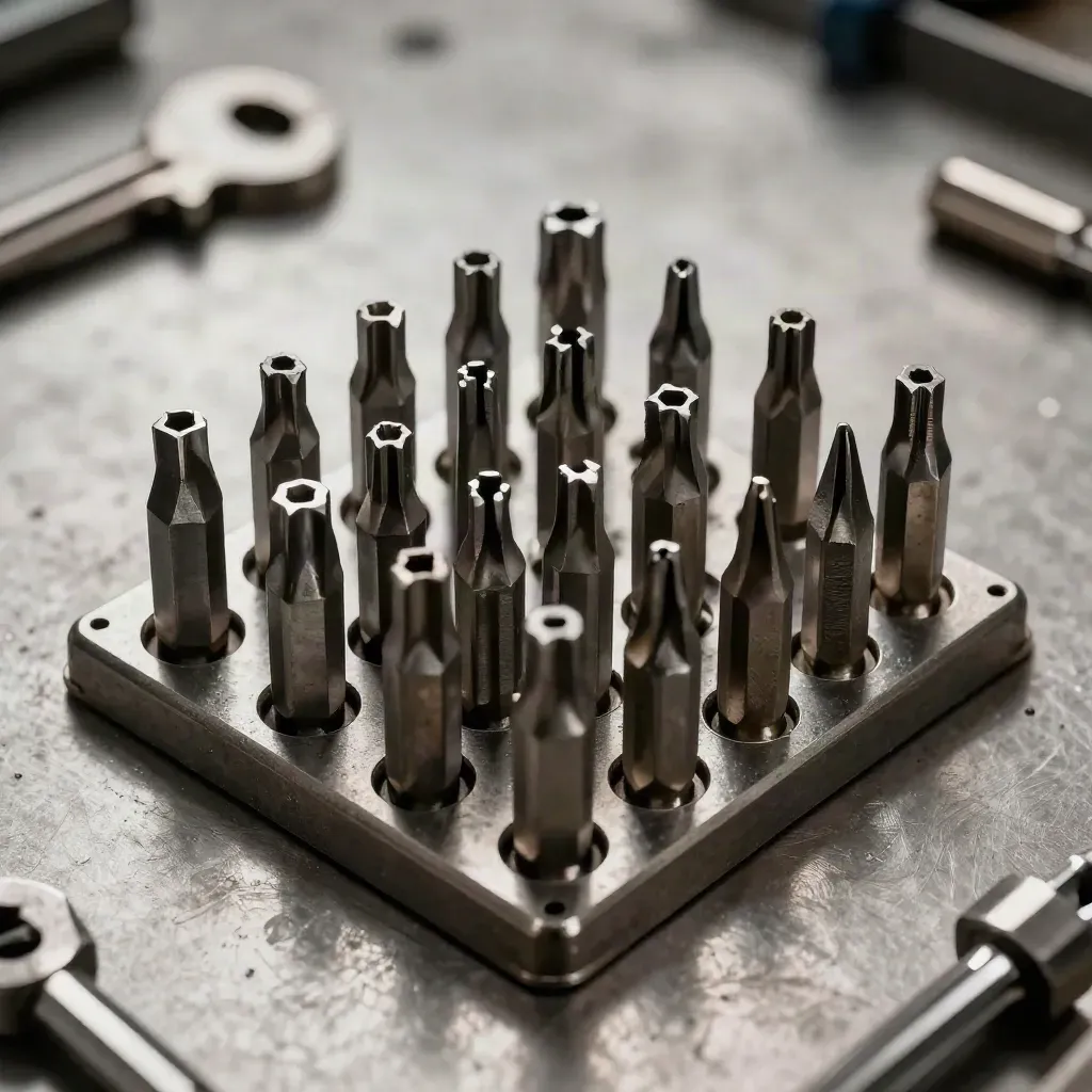 Precision tools in a tight square on brushed steel under dramatic workshop light.