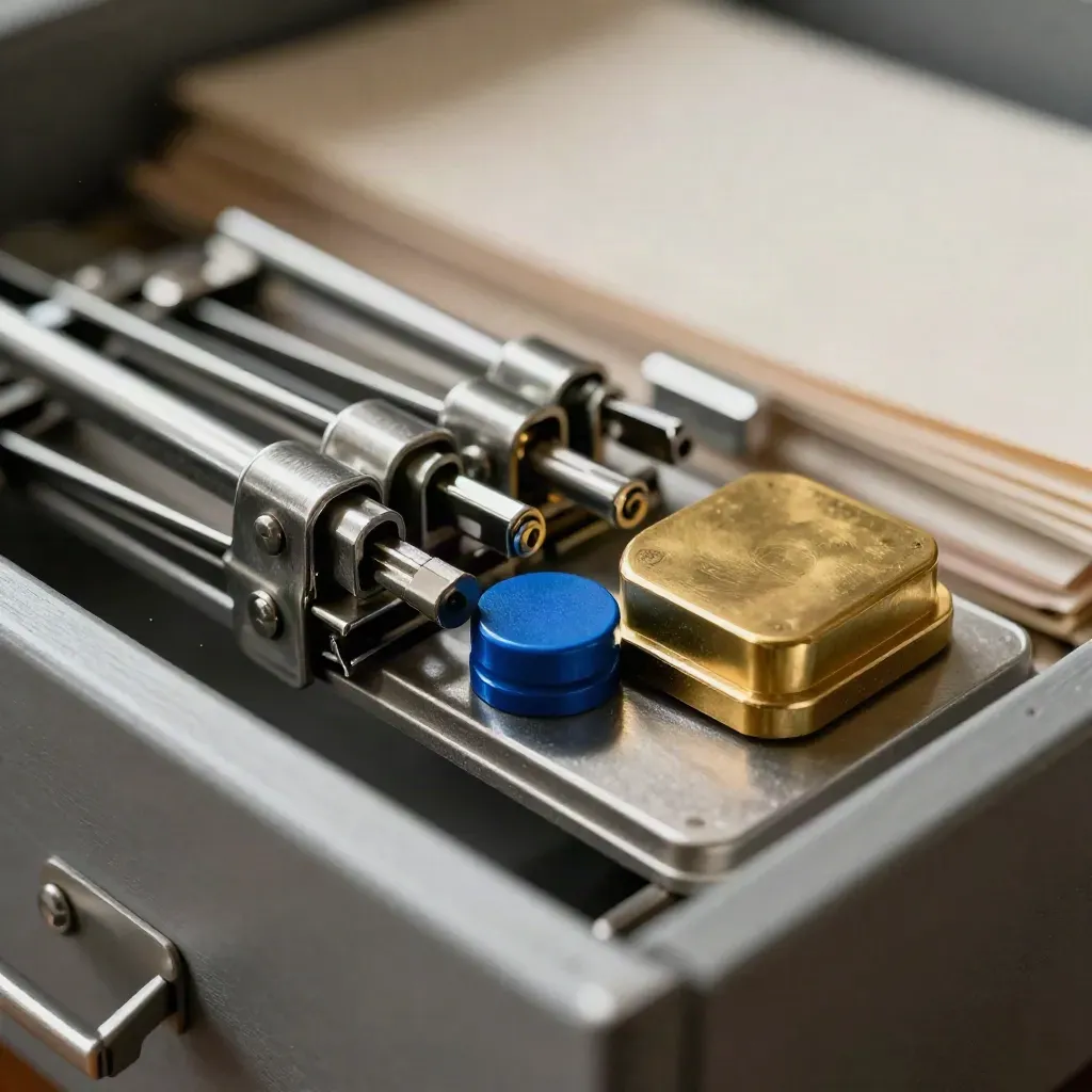 Macro of clipped metal file clamps, brass stamp pad and steel tray in an archive drawer.