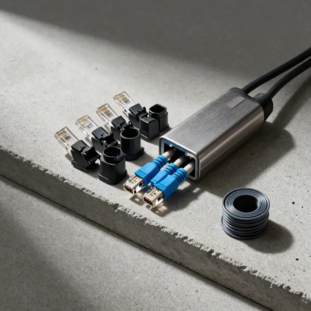 Top-down IT support tools: ethernet connectors, cable boots and a metal tester on pale concrete.