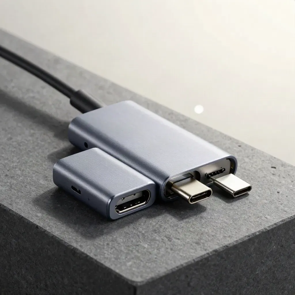 USB-C hub with SD, microSD and HDMI adapters on graphite stone, macro still life
