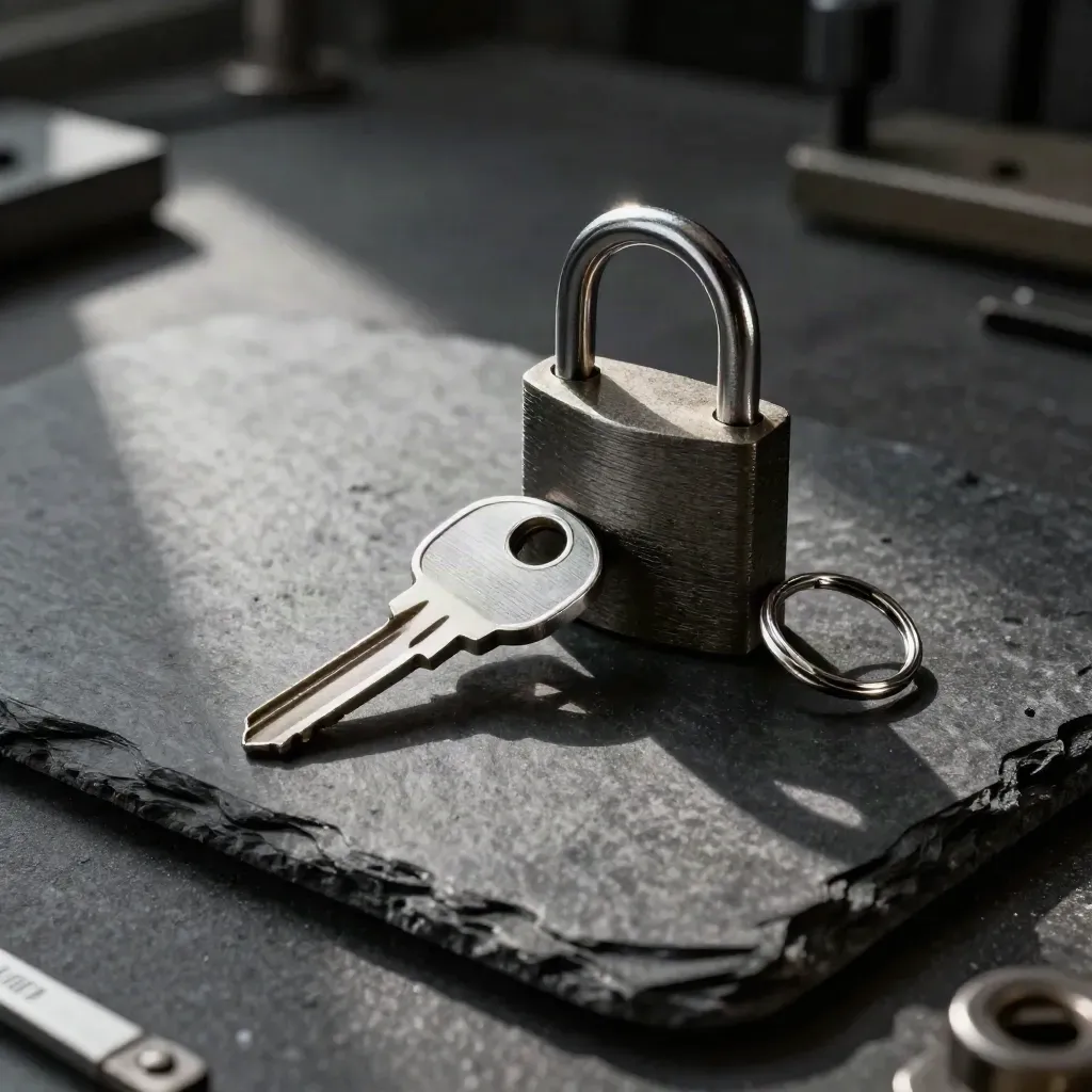 Brushed-metal security key, padlock, and key ring on dark slate with dramatic shadow.