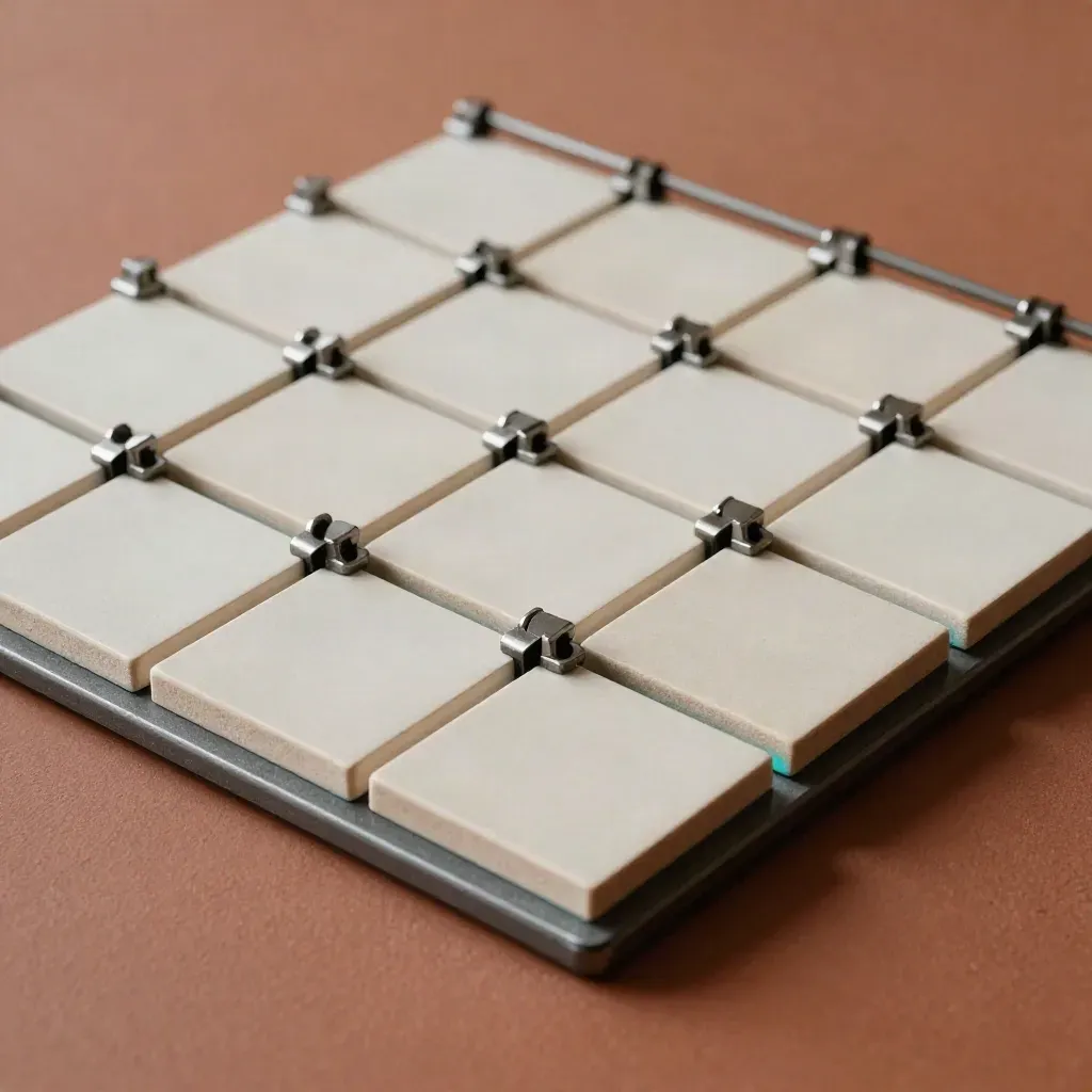 Magnetic workflow tiles and clips arranged in a tidy matrix on warm terracotta.