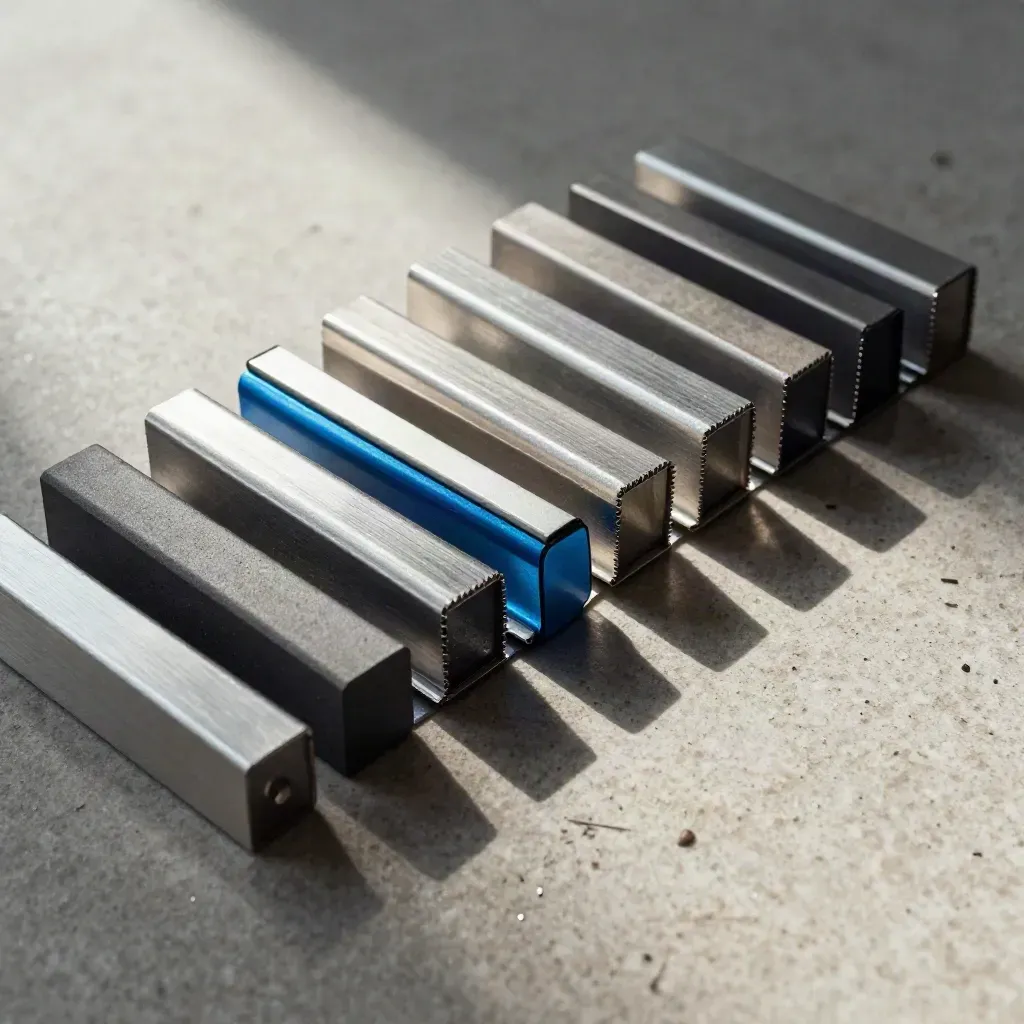 Overhead aluminum tag sleeves, spacer blocks, and a blue clip bar on stone.