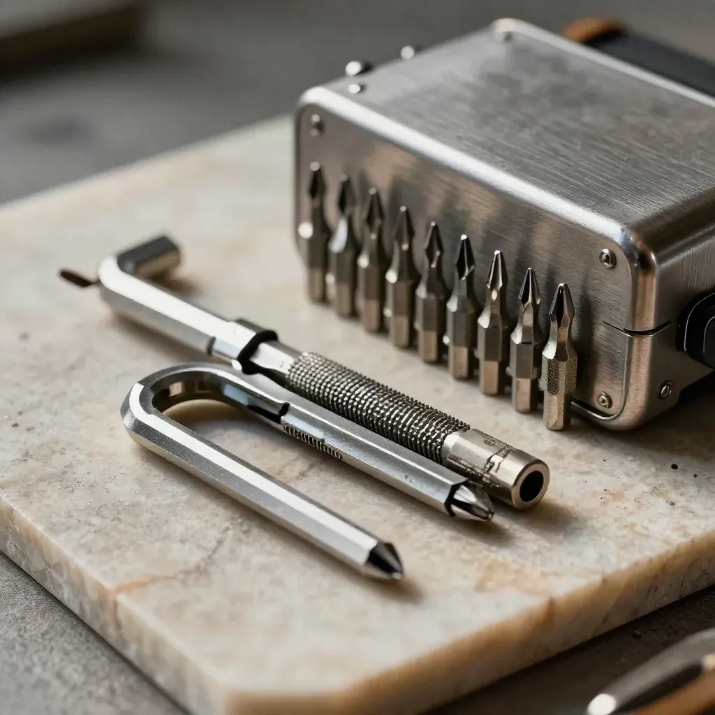 Macro still life of hex keys, screwdriver bits and a service case on stone.