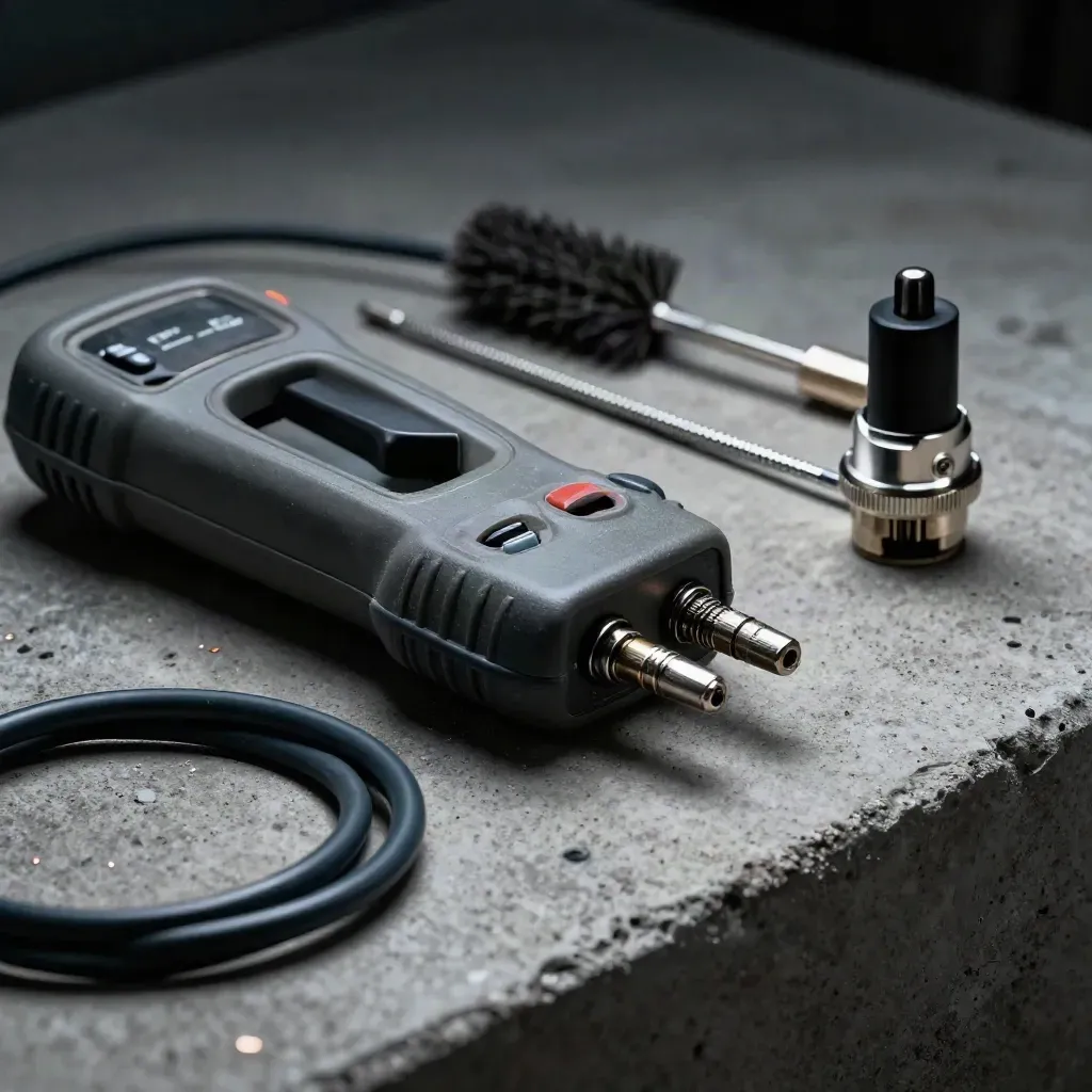 Cable tester, brush, and adapter plug on concrete under dramatic studio light.