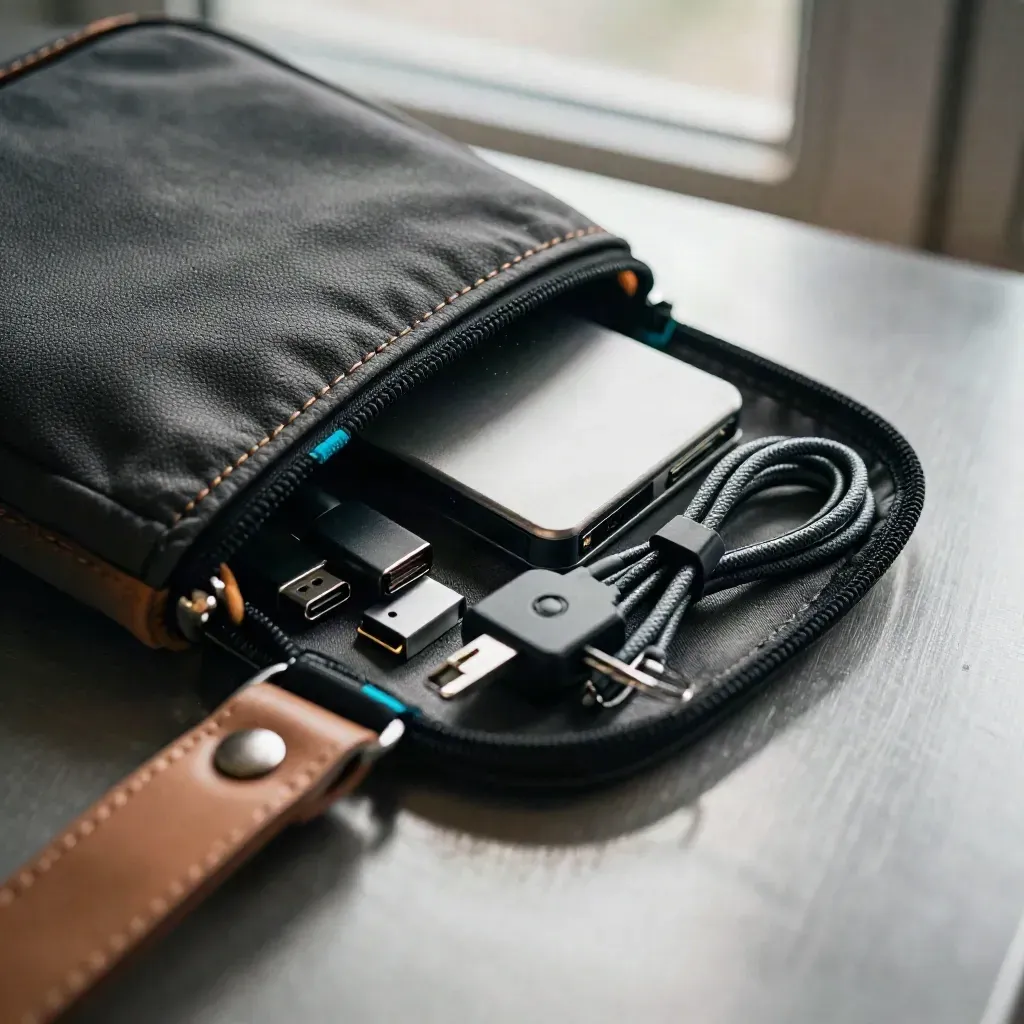 Half-open travel tech pouch with SSD, adapters, security key and coiled lead on brushed metal.