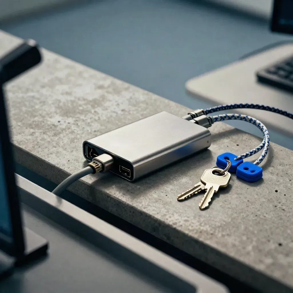 Brushed docking hub, ethernet leads, security keys and cable clips on a concrete ledge, blue accent.