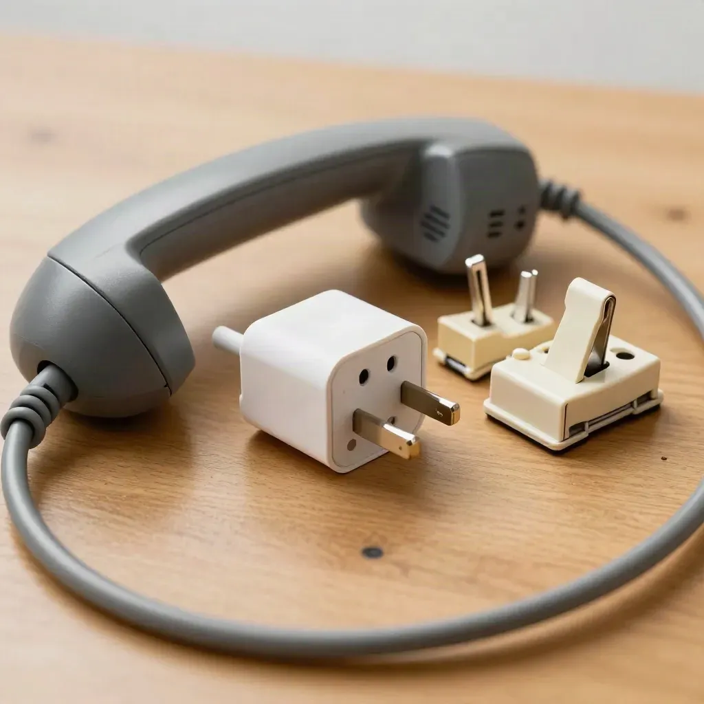 Overhead close-up of UK office adapters, handset base, cable clips and charging cradle on oak.