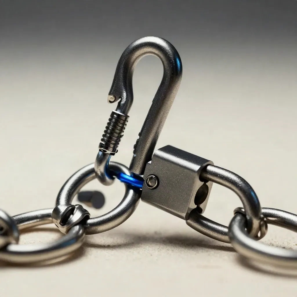 Graphite rings and snap hook linking a modular connector block on an ivory surface.