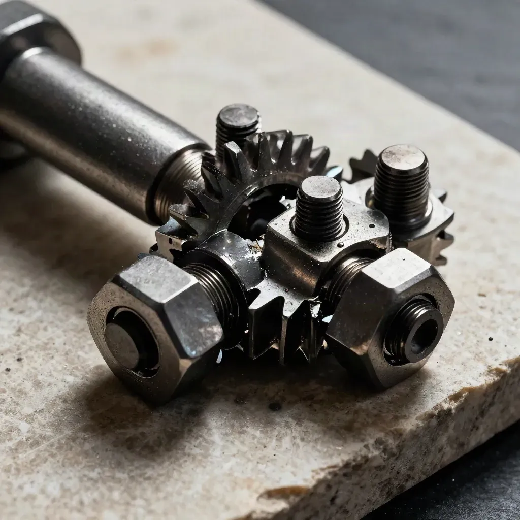 Macro still life of meshed gear segments, hex couplers and bolts on pale stone.