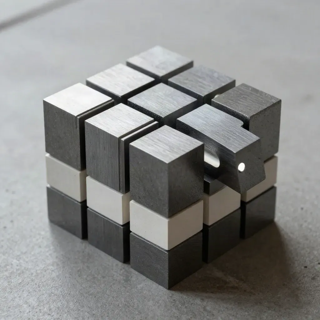 Top-down stack of graphite blocks, shims, and corner joints on concrete, lit from upper left.