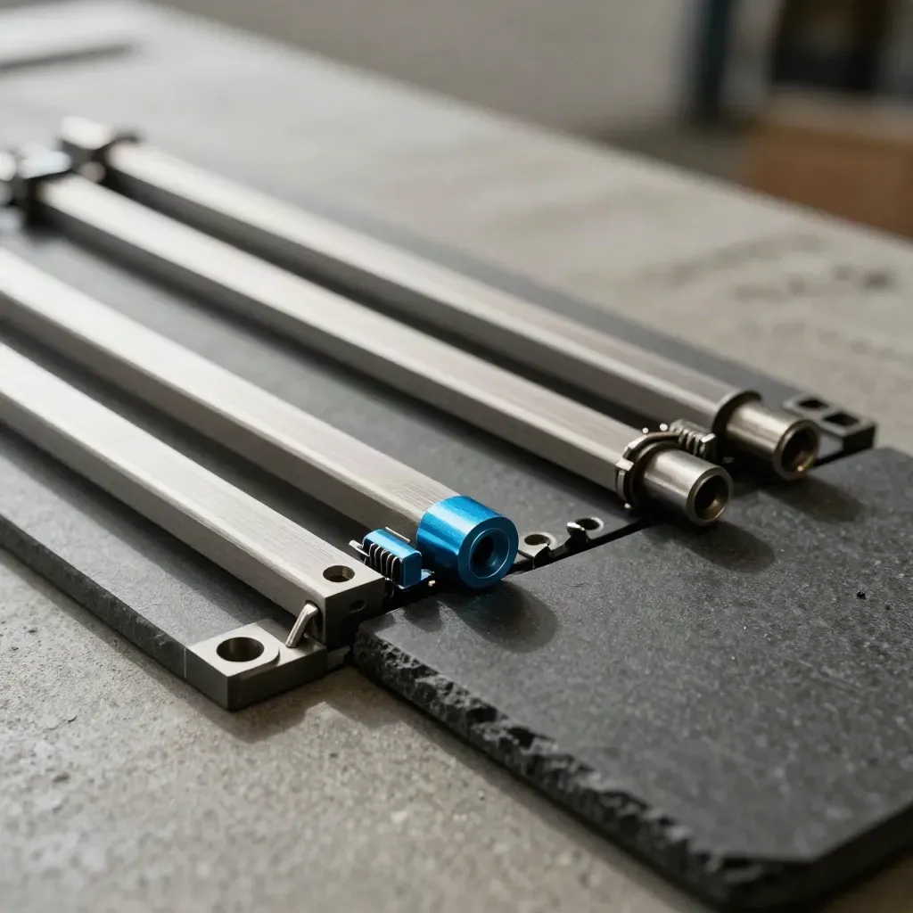 Brushed-metal guide rails and clips forming a diagonal workflow path with a subtle cyan accent
